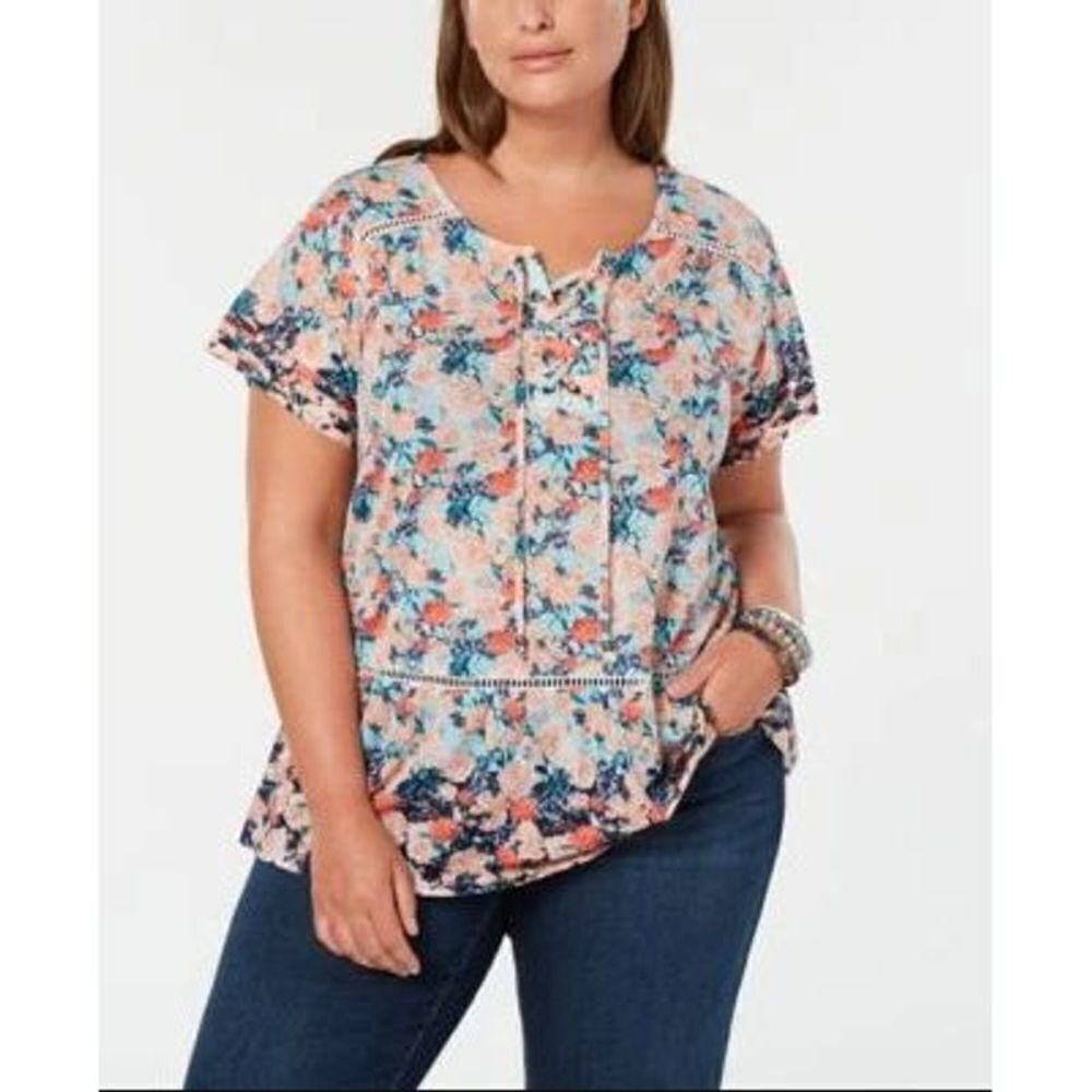 STYLE & Co Floral Print Ladder Trim Blouse 2x Nwt